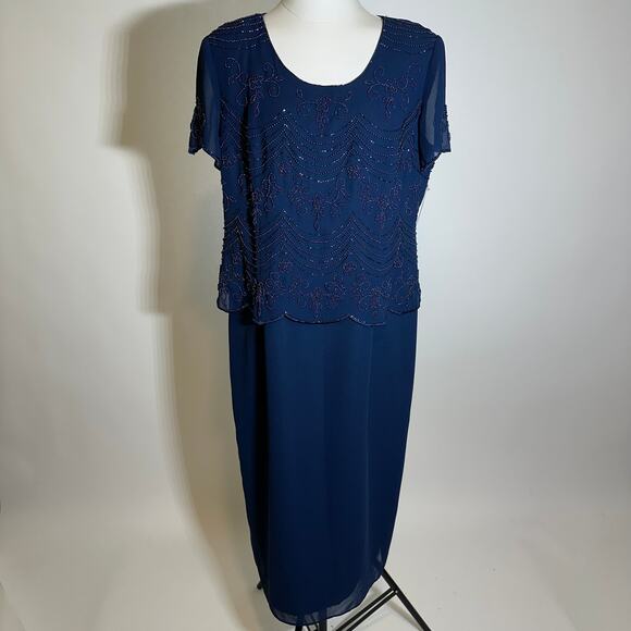 NWT R&M Richards Navy Blue Evening Cocktail Beaded Dress Womens Petite Size 16P - Picture 1 of 12